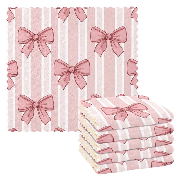 Pink Stripes Bows Dish Cloths Dish Towels Cleaning Cloths Quick Drying Reusable 11" x 11" Set of 6