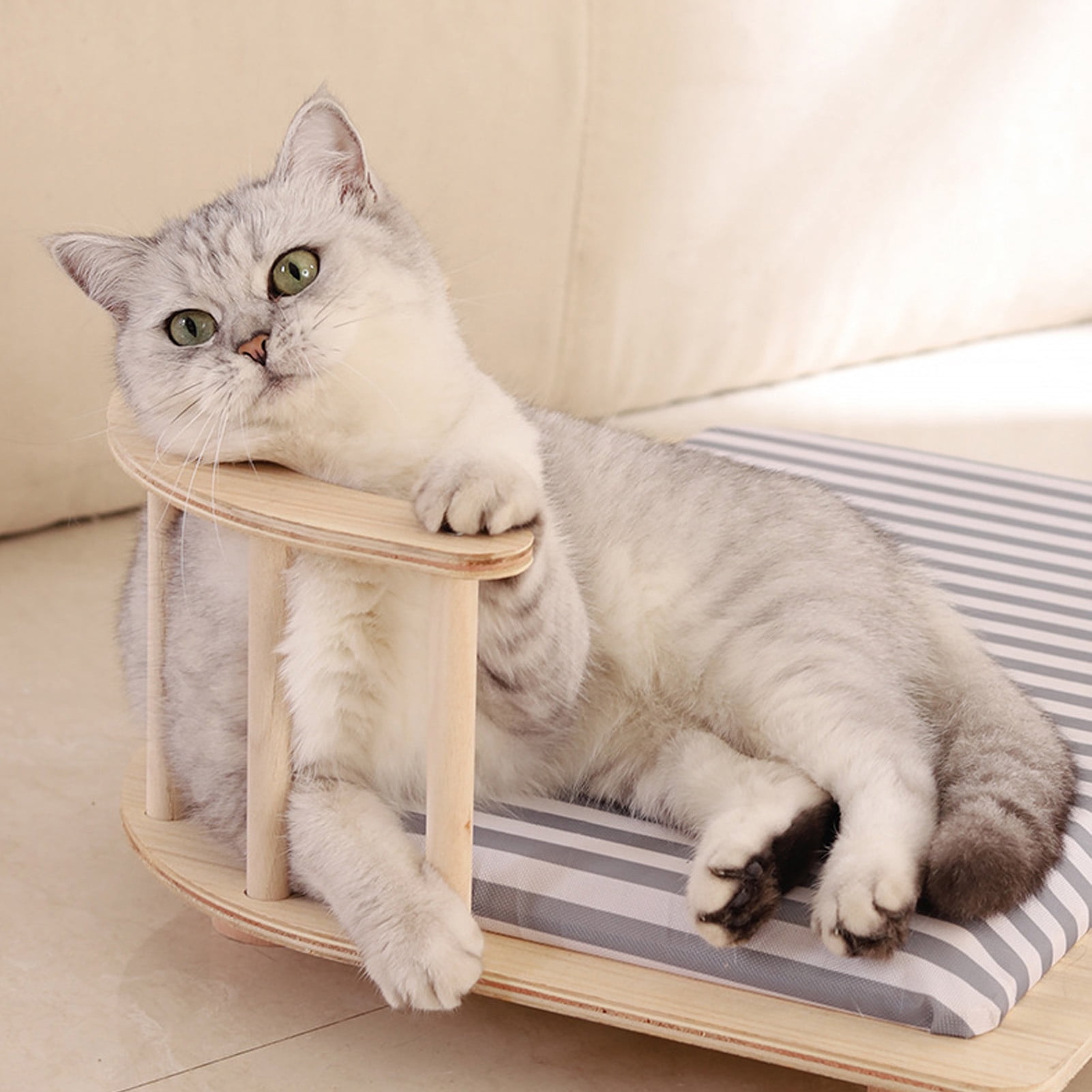 YAHHU Wooden Elevated Cat Bed Cot Frame Soft Cushion 15.7 inches / 40 cm Small Dogs Furniture Striped Style