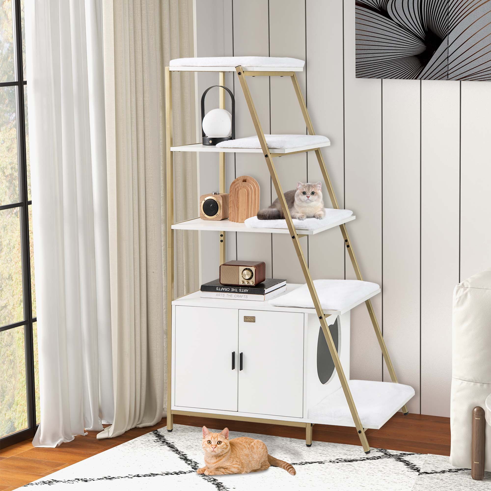 Costway Petsite Large Cat Litter Box Enclosure 2-in-1 Hidden Cat Washroom Furniture with Storage White
