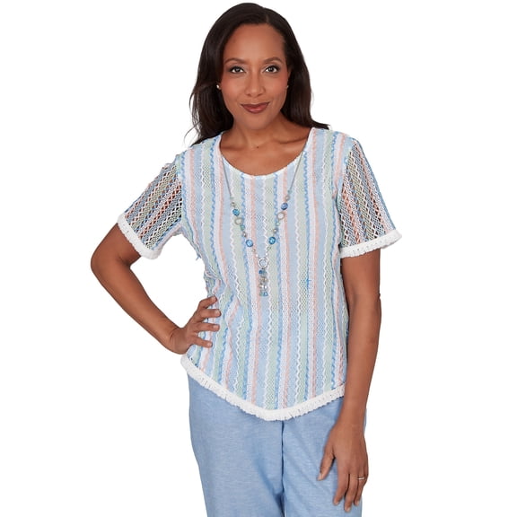 Alfred Dunner Womens Petite Textured Stripe Tee With Necklace