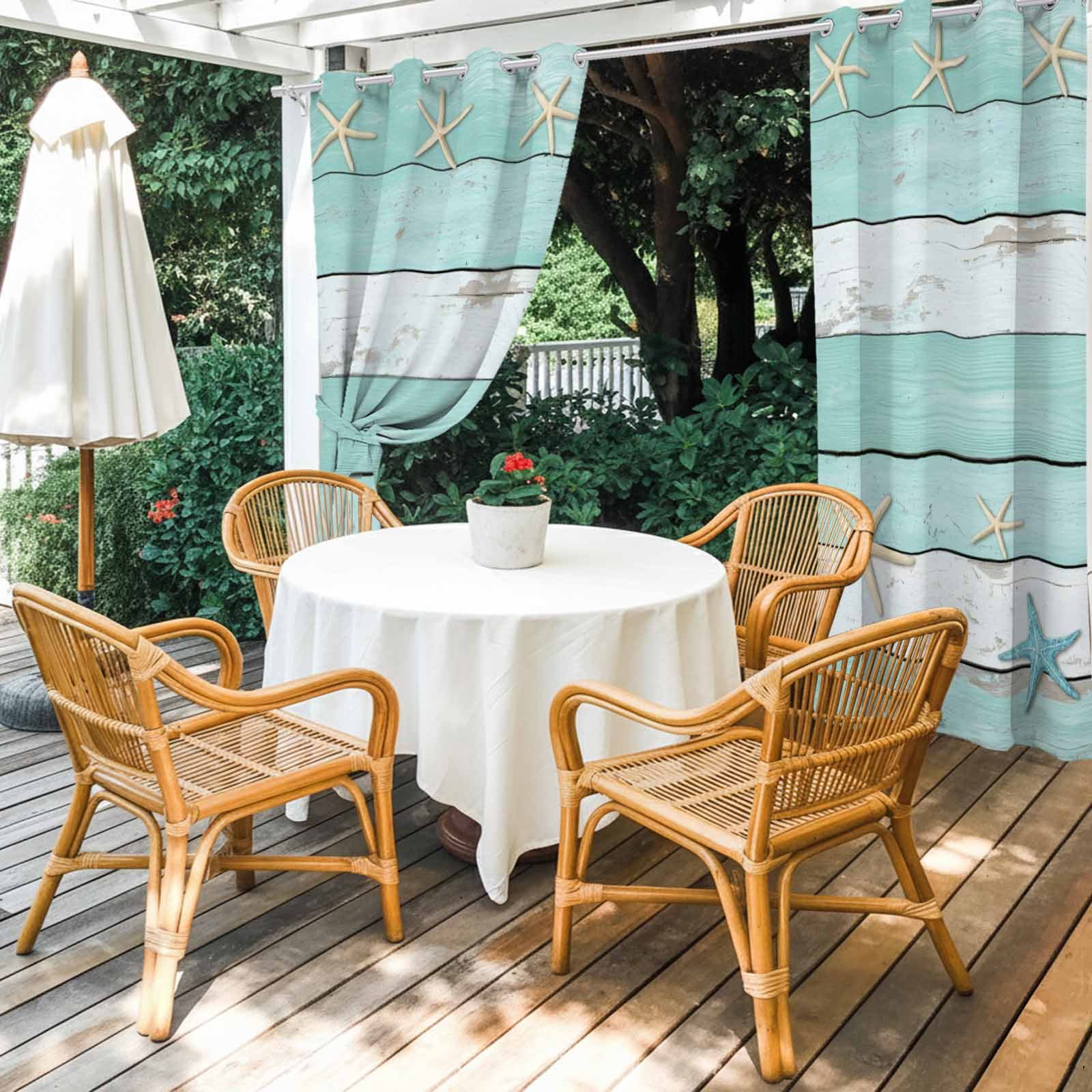 Summer Beach Theme Outdoor Curtains for Patio, Teal and White Wood Grain Beige Starfish Sunshade Privacy Drapes Grommet Waterproof Outside Curtains for Porch/Cabana/Balcony 54"x 108", 1 Panel