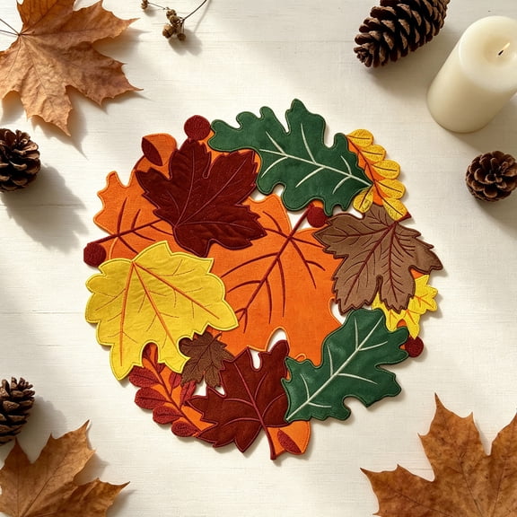 Embroidered Fall Maple Leaf Placemat, 14.96 Inch Round Autumn Table Mat for Thanksgiving Harvest Dining Table Decor
