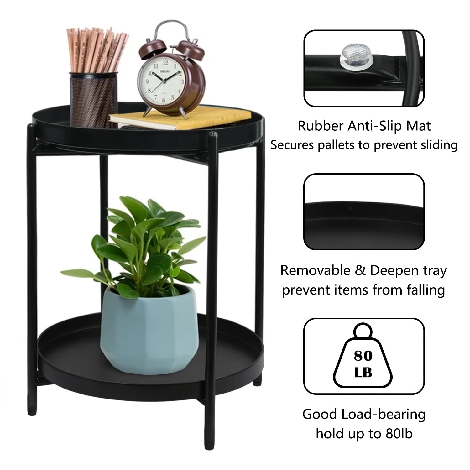 Cerbior 2-Tier Metal Tray End Table, Round Accent Coffee Side Table, Anti-Rust and Waterproof Sofa Side Table for Living Room Bedroom Balcony (Black)