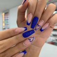 thumbnail image 1 of Uñas postizas largas tipo ataúd de Gifiky, uñas francesas azules, bonitas puntas con diseño de gemas de cristal acrílico para mujeres y niñas, 24 unidades, 1 of 1