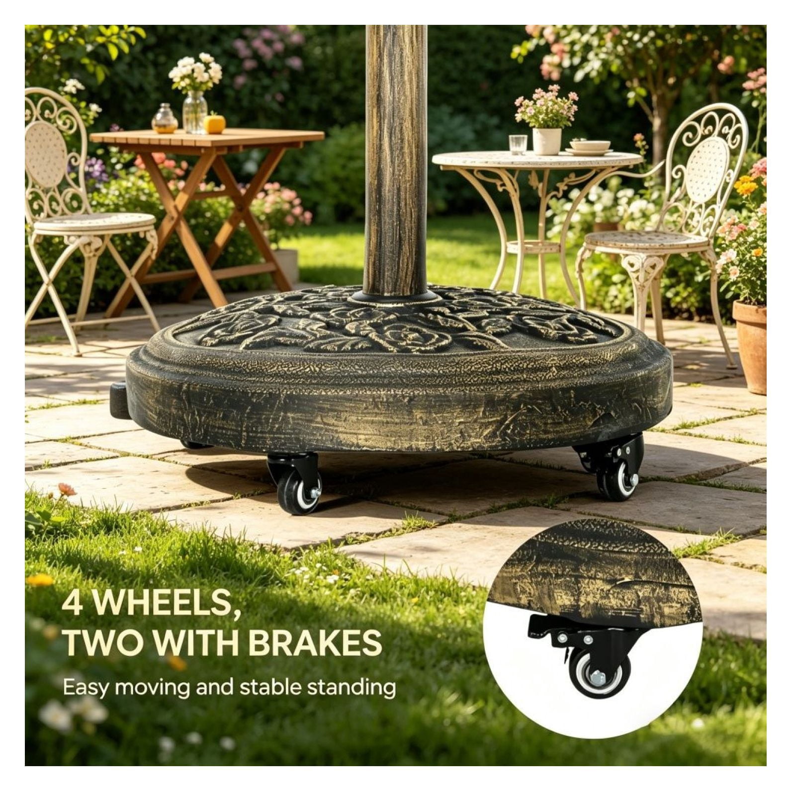 Outdoor Umbrella Base 9.2', Patio Umbrella Stand with Wheels & Brakes, Bronze Resin Concrete Base for 1.3"-1.9" Pole, Garden Deck Poolside