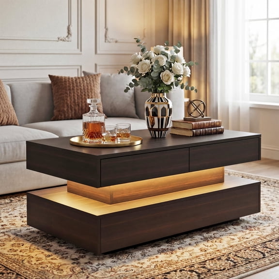 Manxile Black LED Coffee Table with 2 Storage Drawers, Modern Coffee Table w/20 Colors LED Lights/APP Control
