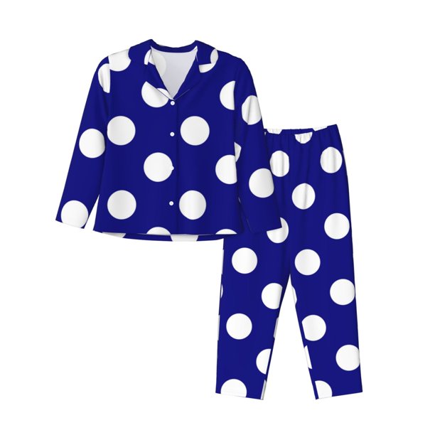 Fotbe Navy And White Polka Dot Conjunto de Pijama de Manga Larga para Mujer con Estampado, Ropa de Dormir de 2 Piezas, Conjunto de Casa Suave y Cómodo con Bolsillos-Large