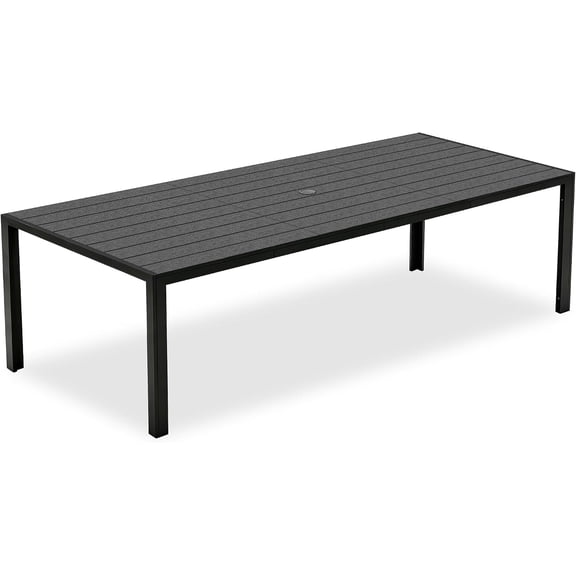 Large Metal Outdoor Dining Table For Eight People Rectangular Patio Dining Table With Umbrella Hole Wood Grain Top All Weather Table For Lawn Backyard Garden Black