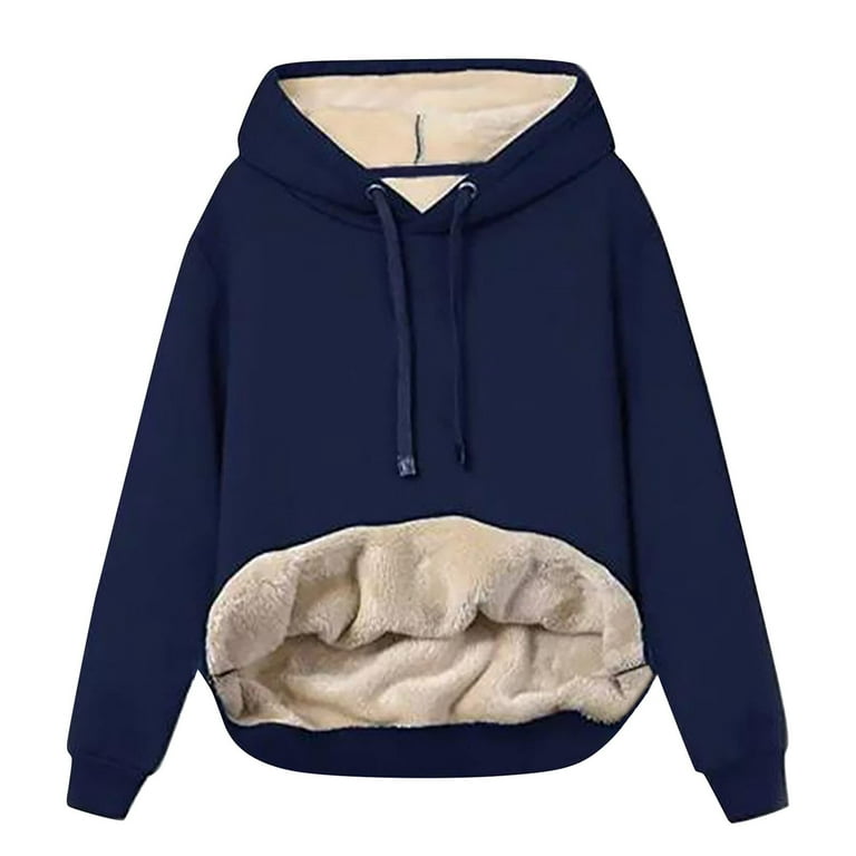 JWZUY Women's Sherpa Lined Hoodies Warm Fleece Hooded Sweatshirt Casual  Thermal Hoodie with Pocket for Winter Navy XL 