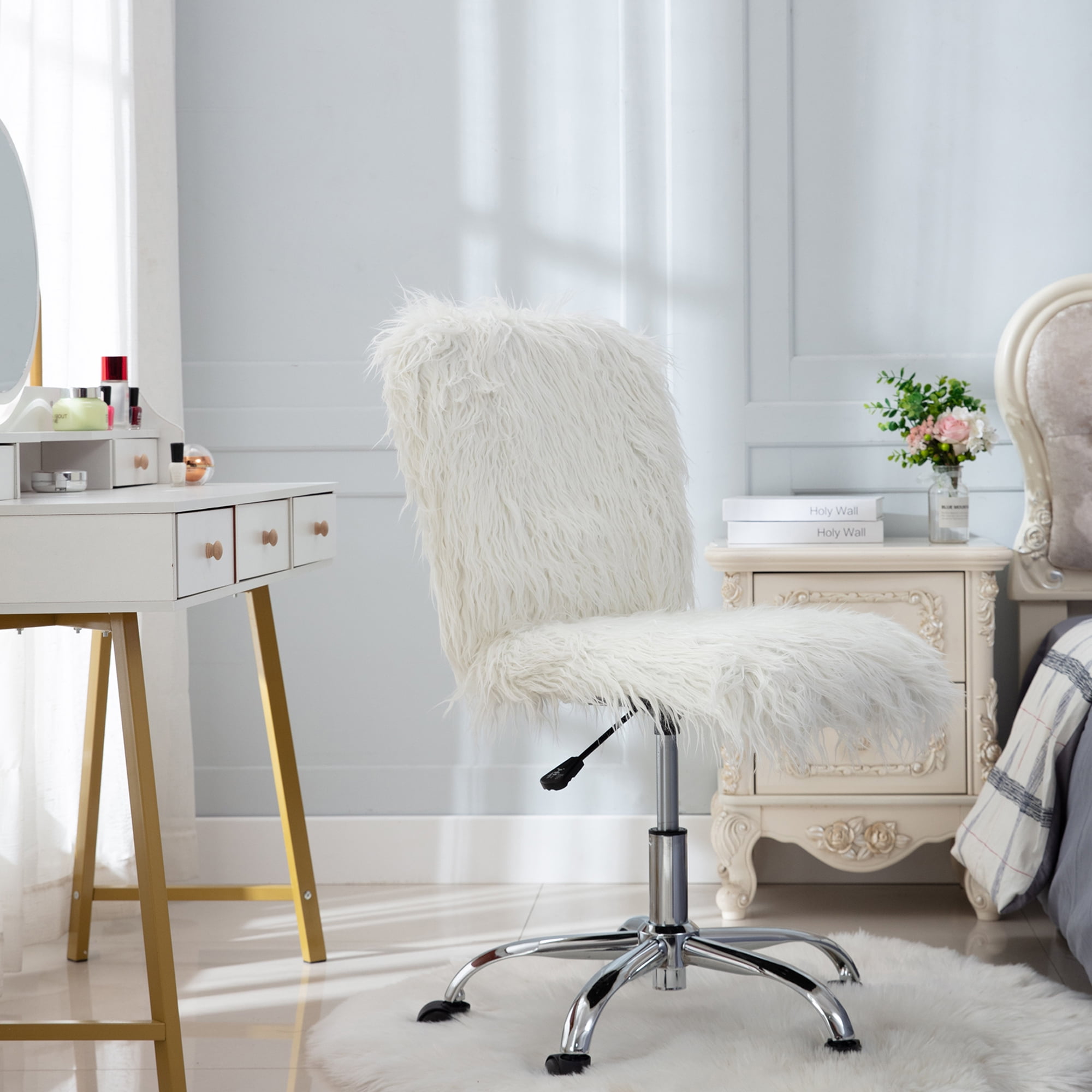 Vanity Chair for Makeup Room, Modern Upholstered Faux Fur Home Office