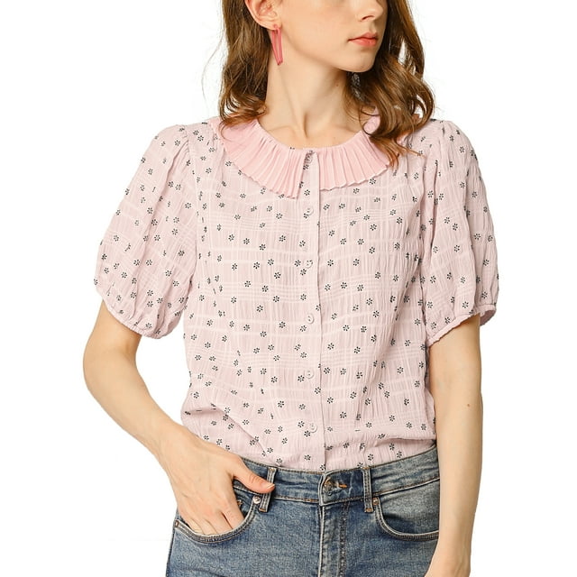 INSPIRE CHIC Women's Floral Puff Sleeves Pleated Collar Button Down Shirt