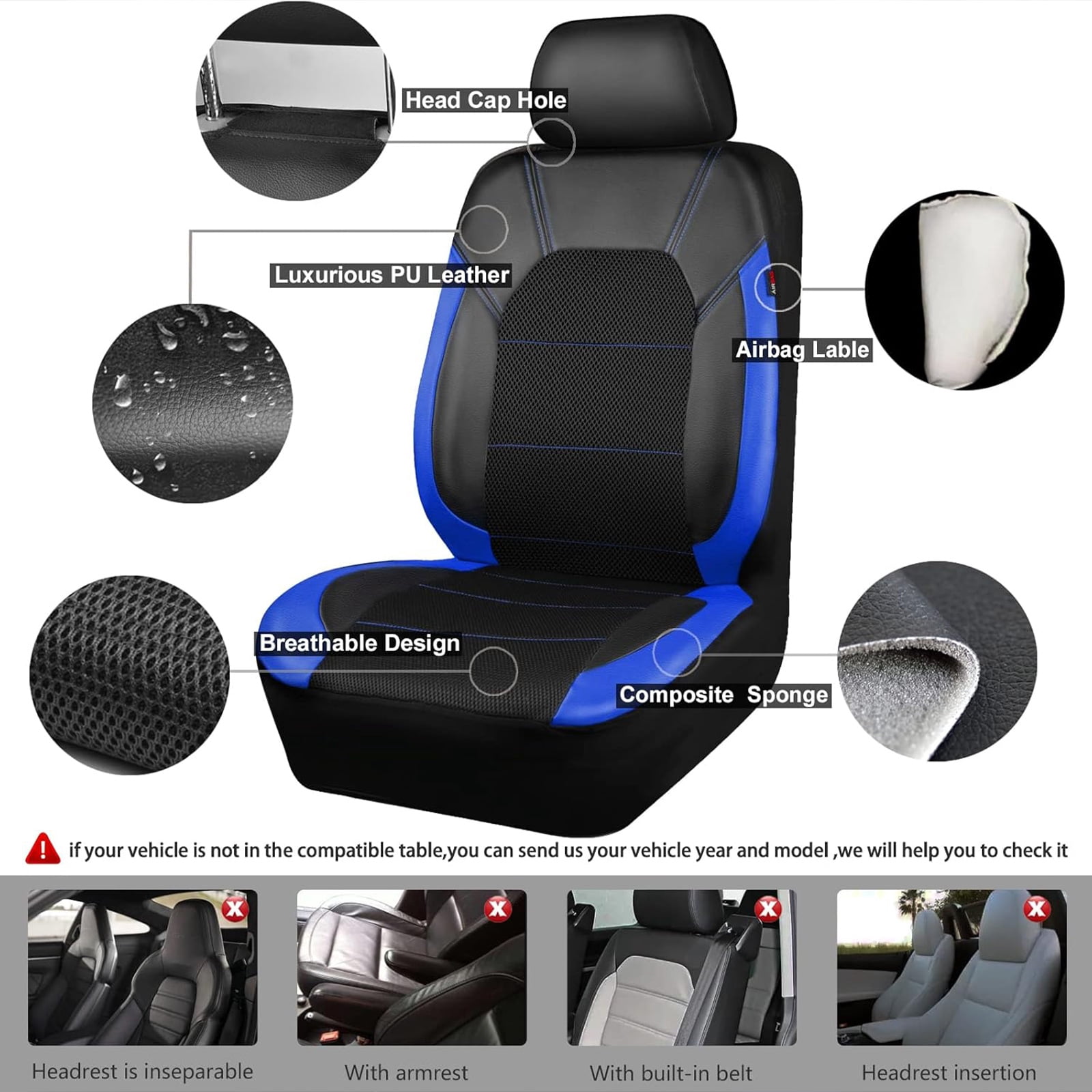CAR GRAND Leather car seat covers air mesh breathable universal fit airbag compatible car, SUV, truck and van