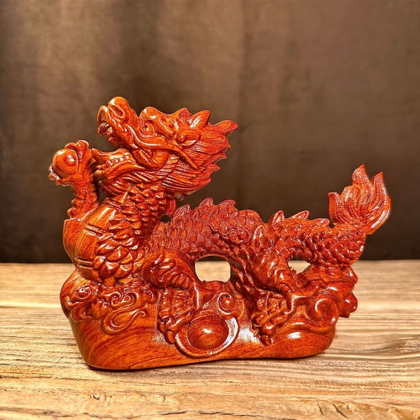 Green wooden dragon figurine, solid wood twelve zodiac dragon ornament, home living room office decoration, craft, gift.