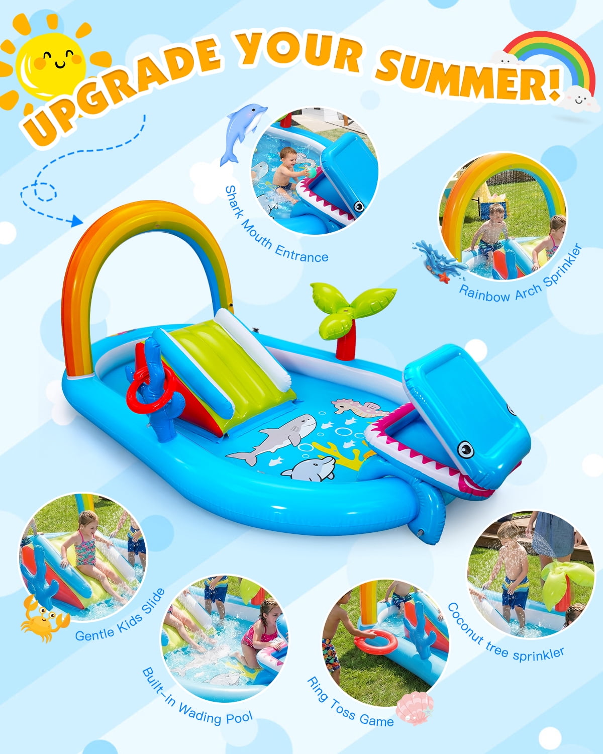 Qhomic 6-in-1 Inflatable Play Center with Pool, Indoor/Outdoor Water Park Pool with Water Slide, Shark-Shaped Ball Toss, Water Sprinklers, Ring Toss Game, Dry & Wet Use