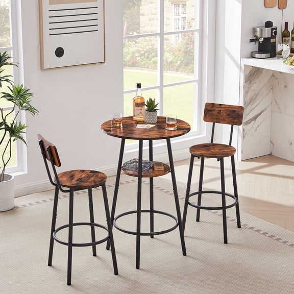 3-Piece Round Bar Table Set with Storage Shelf & 2 Backrest Bar Stools, Rustic Brown Particleboard with Steel Frame, Adjustable Foot Pads for Kitchen Bistro Small Space