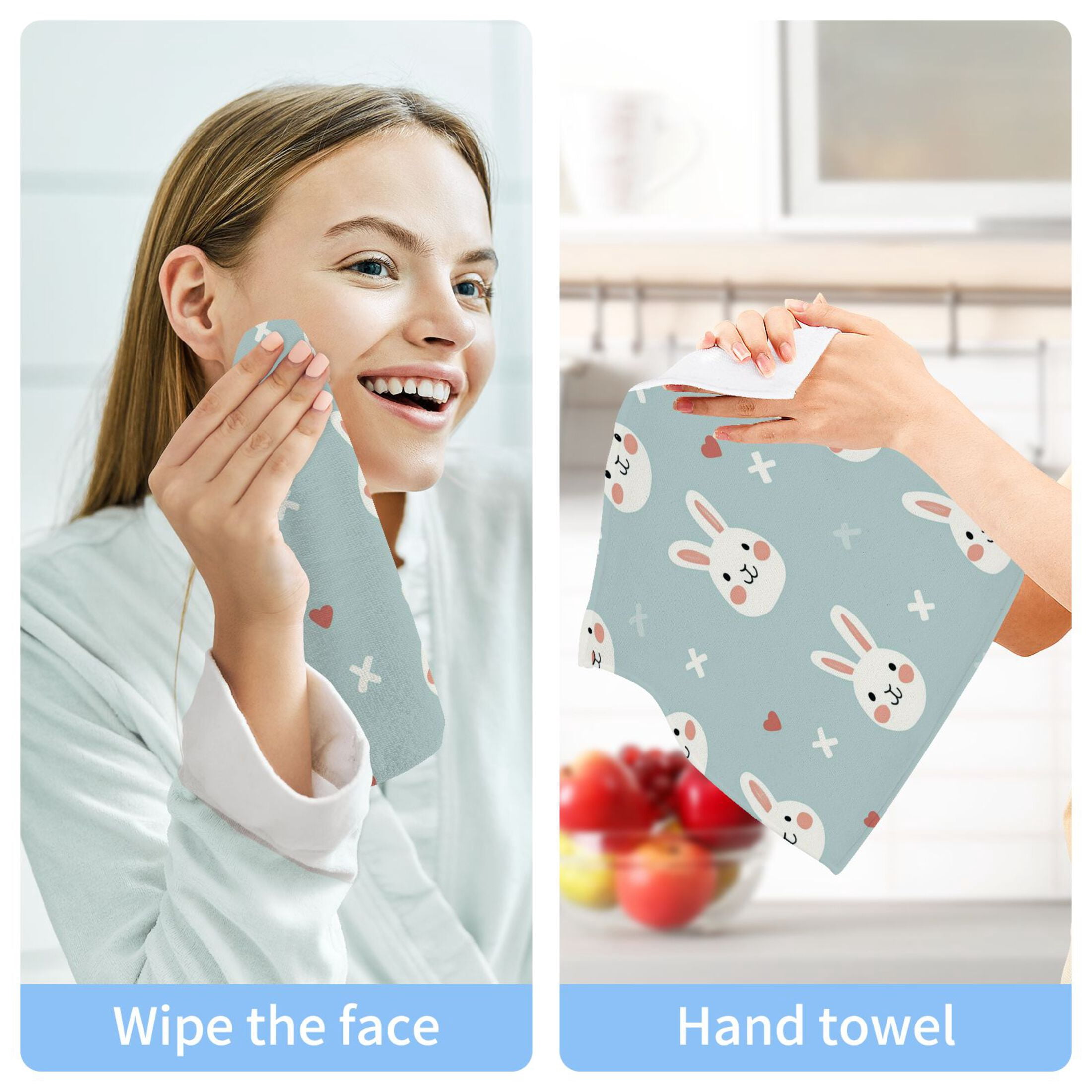 Wobogo Cute Rabbit Face Pattern Square Cotton Towel Set of 6 Soft and Skin-friendly with Good Absorbency 12×12in