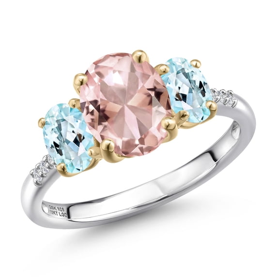 Gem Stone King 925 Silver and 10K Yellow Gold Peach Nano Morganite and Sky Blue Topaz and Lab Grown Diamond Engagement Ring for Women | 3.06 Cttw | Oval 9X7MM | October Birthstone | Size 9