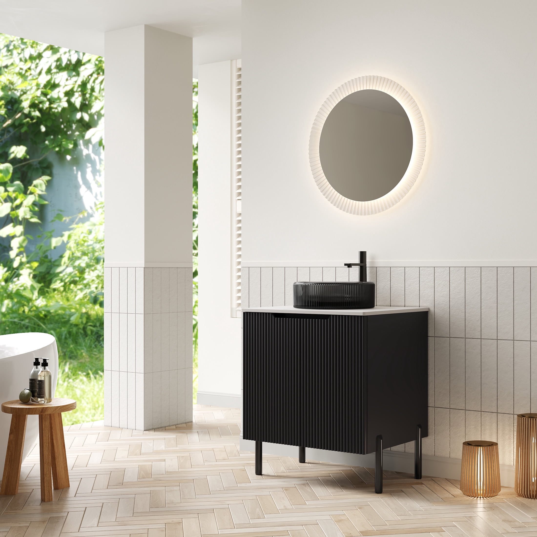 Noble House TURIO 24" Bathroom Vanity with Sintered Stone Countertop, Storage Cabinet, Black Round Basin, Black