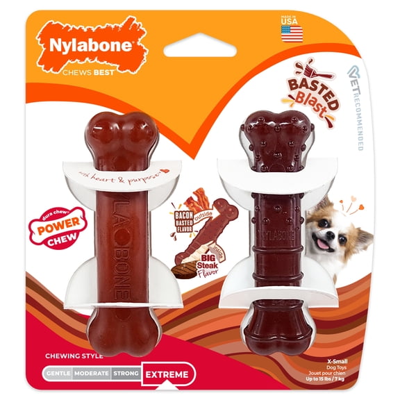 Nylabone Power Chew Basted Blast Original & Textured Bone Dog Chew Toys Bacon & Steak X-Small (2 Count)