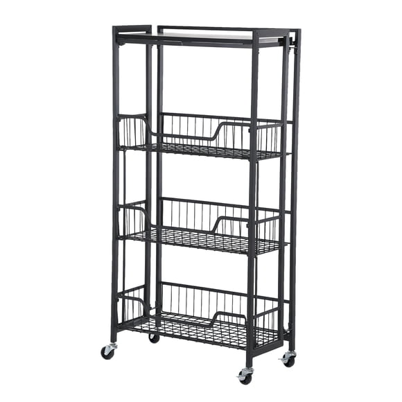 Collapsible 3-Tier Kitchen Storage Cart with Wheels – Iron Frame & Wood Shelves – Space-Saving Pantry Organizer for Fruit, Vegetables, Snacks – Utility Cart with Locking Casters – All Black