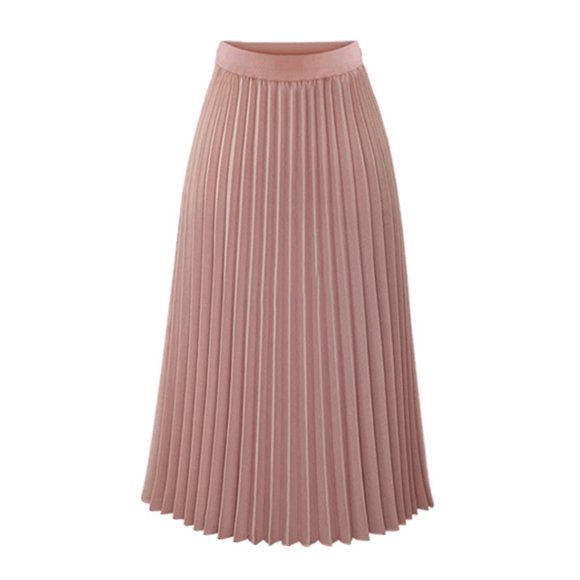 Fengqque womens Pleated Midi Skirt,High Waist Swing Boho Pleated Skirt Casual Chiffon Elastic A-line Long Skirts Pink 4(S)