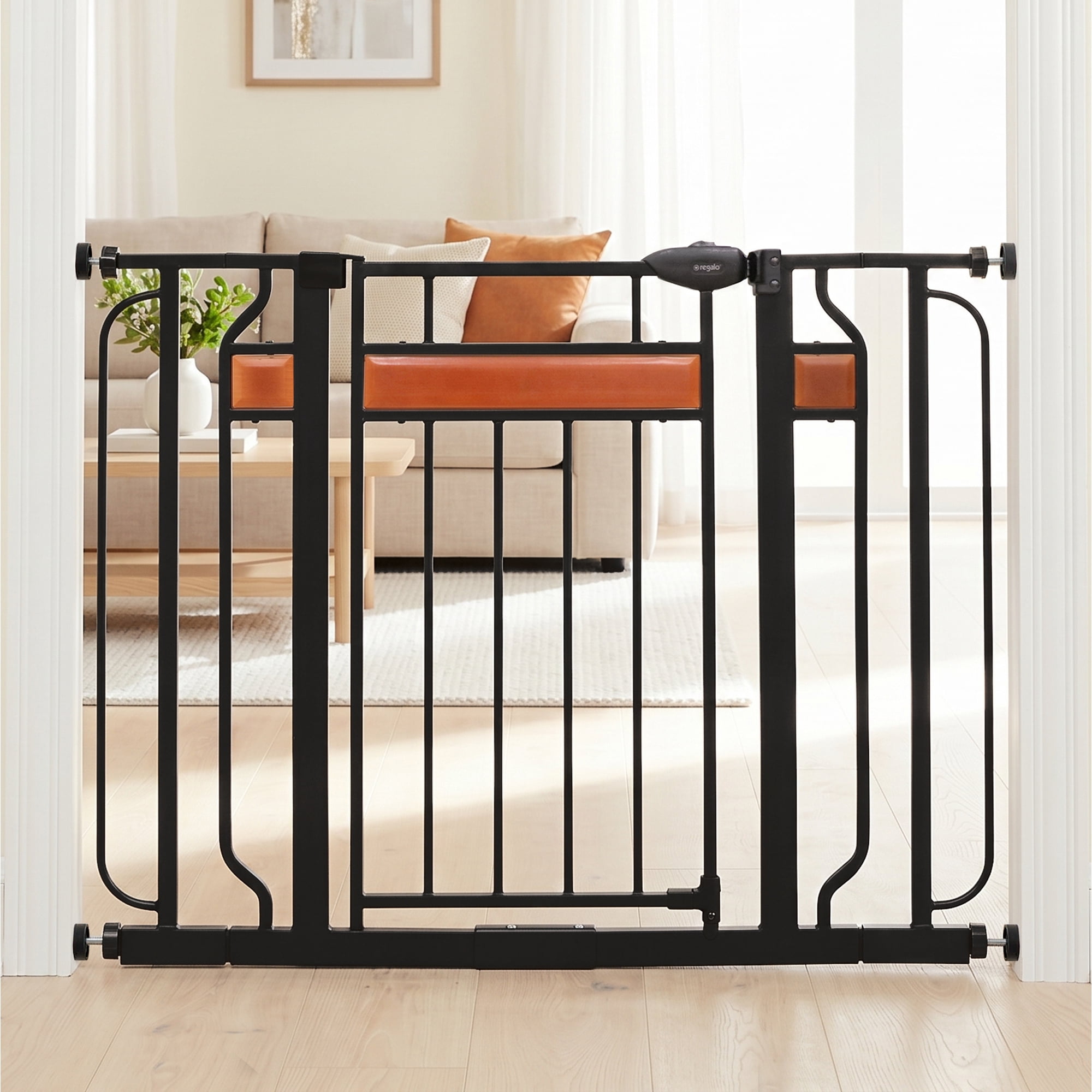 Regalo Extra Wide Metal Baby Safety Gate, Fits 30-41.5” Wide, Black & Cherry Wood