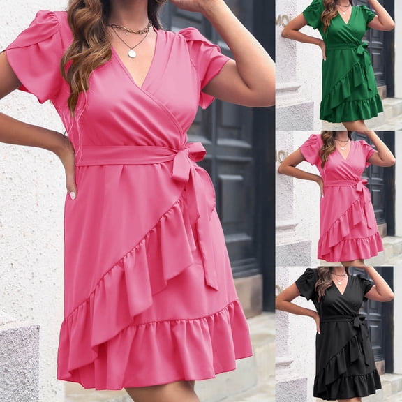 Antinious Ladies Summer Beach Dress,Elegant Dresses for Women,Party Dresses for Women Short Sleeved Solid Sleeved Ruffle V-Neck Dress,Black,L