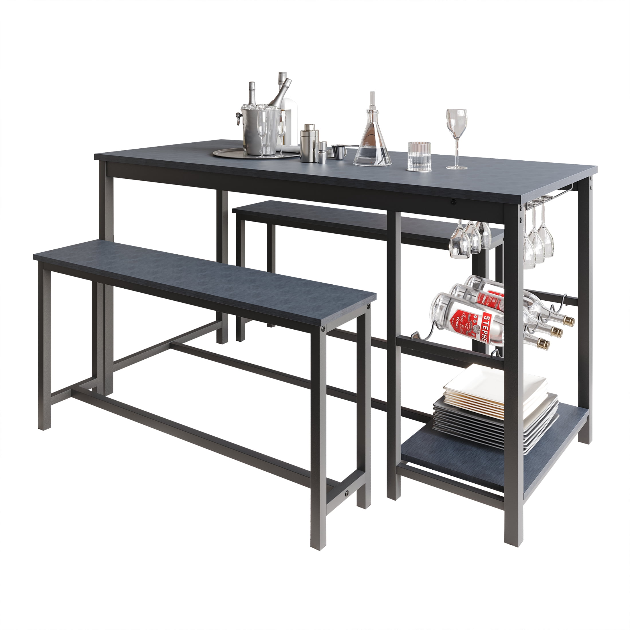 Castle Place 3-Piece Metal Dining Set with Integrated Wine Rack and Shelving, Black