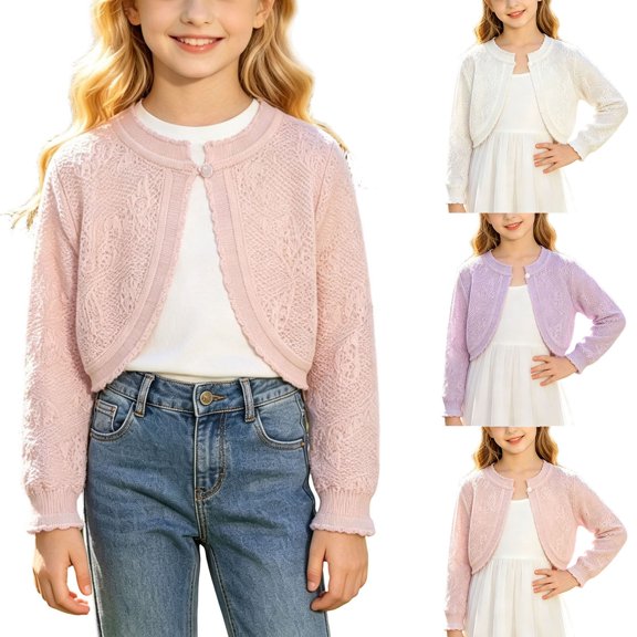 Pretxorve Kids Girls Jacket Solid Hollow Out Button Front Long Sleeve Sun Protection Outerwear Sizes 6M-9Y