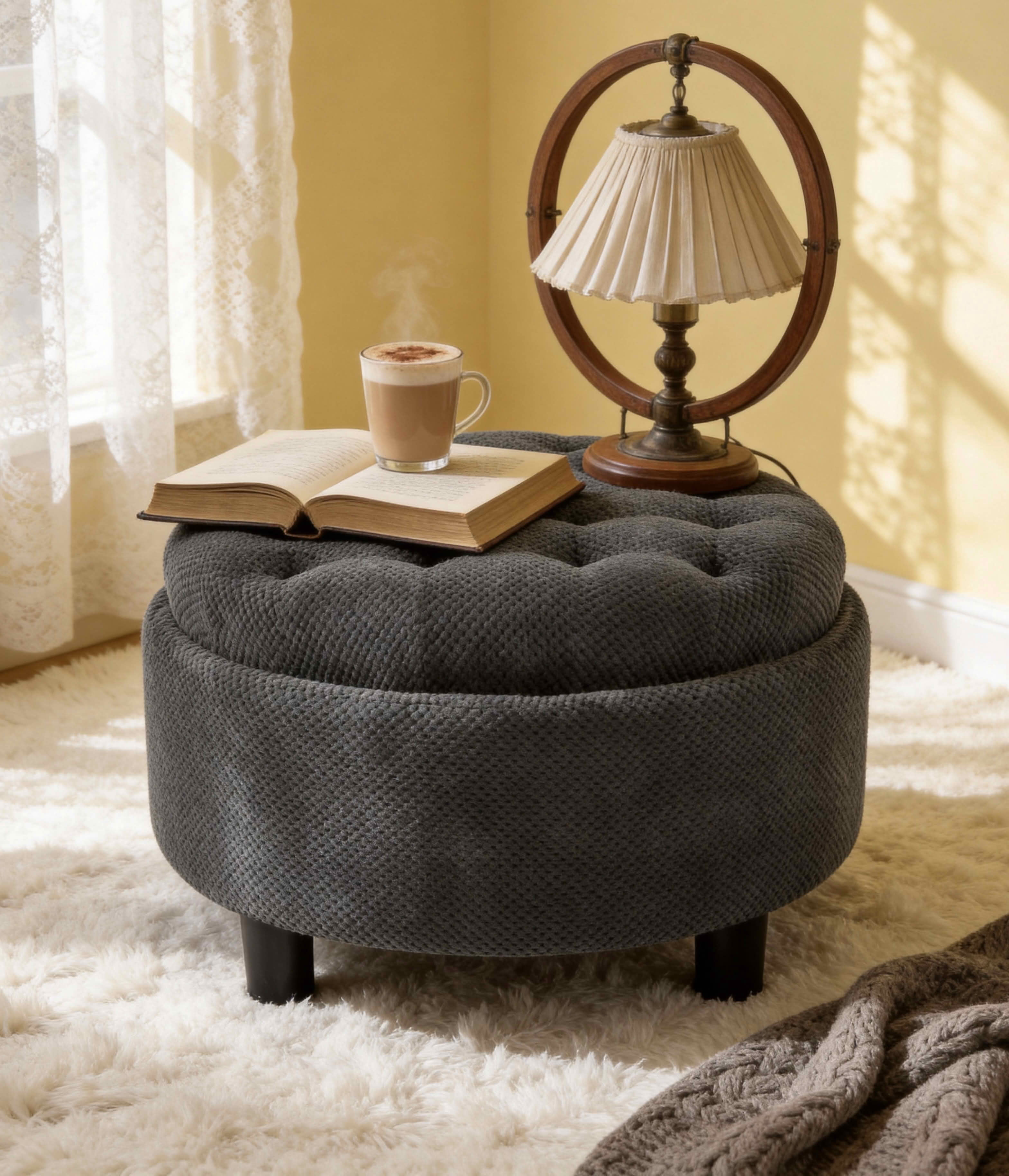 MAYEERTY 25 In Round Storage Ottoman with Tray, Tufted Fabric, Coffee Table Ottoman, Dark Grey