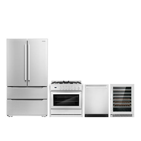 Cosmo 4 Piece Kitchen Appliance Package with 36  Freestanding Gas Range 24  Built-in Integrated Dishwasher French Door Refrigerator & 48 Bottle Freestanding Wine Refrigerator Kitchen Appliance Bundles