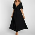 thumbnail image 6 of Munlar Womens Flowy Sundress Black Short Sleeve A-line V Neck Midi Dress Ruffle Summer Dress for Women, 6 of 9