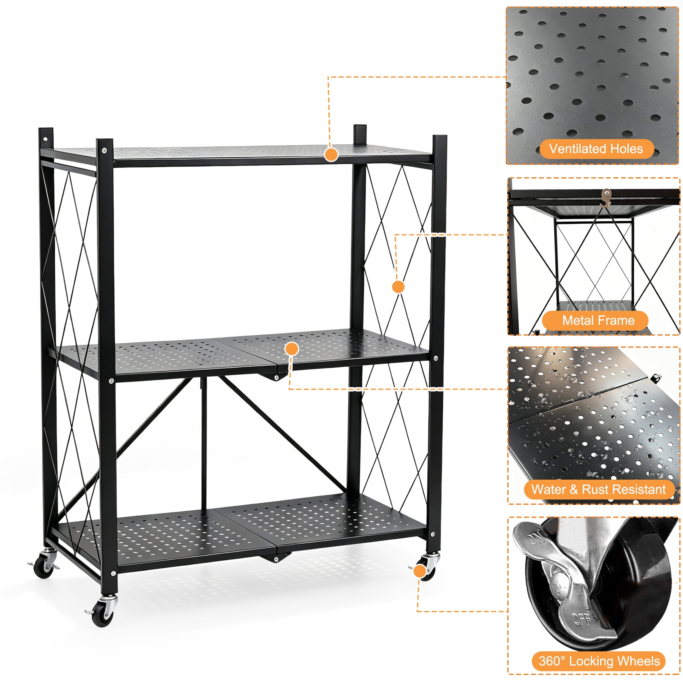GARITIN 3‑Tier Rolling Storage Rack with Wheels, Foldable Heavy‑Duty Metal Storage Shelves, Organizer Shelf for Kitchen Living Room, Black