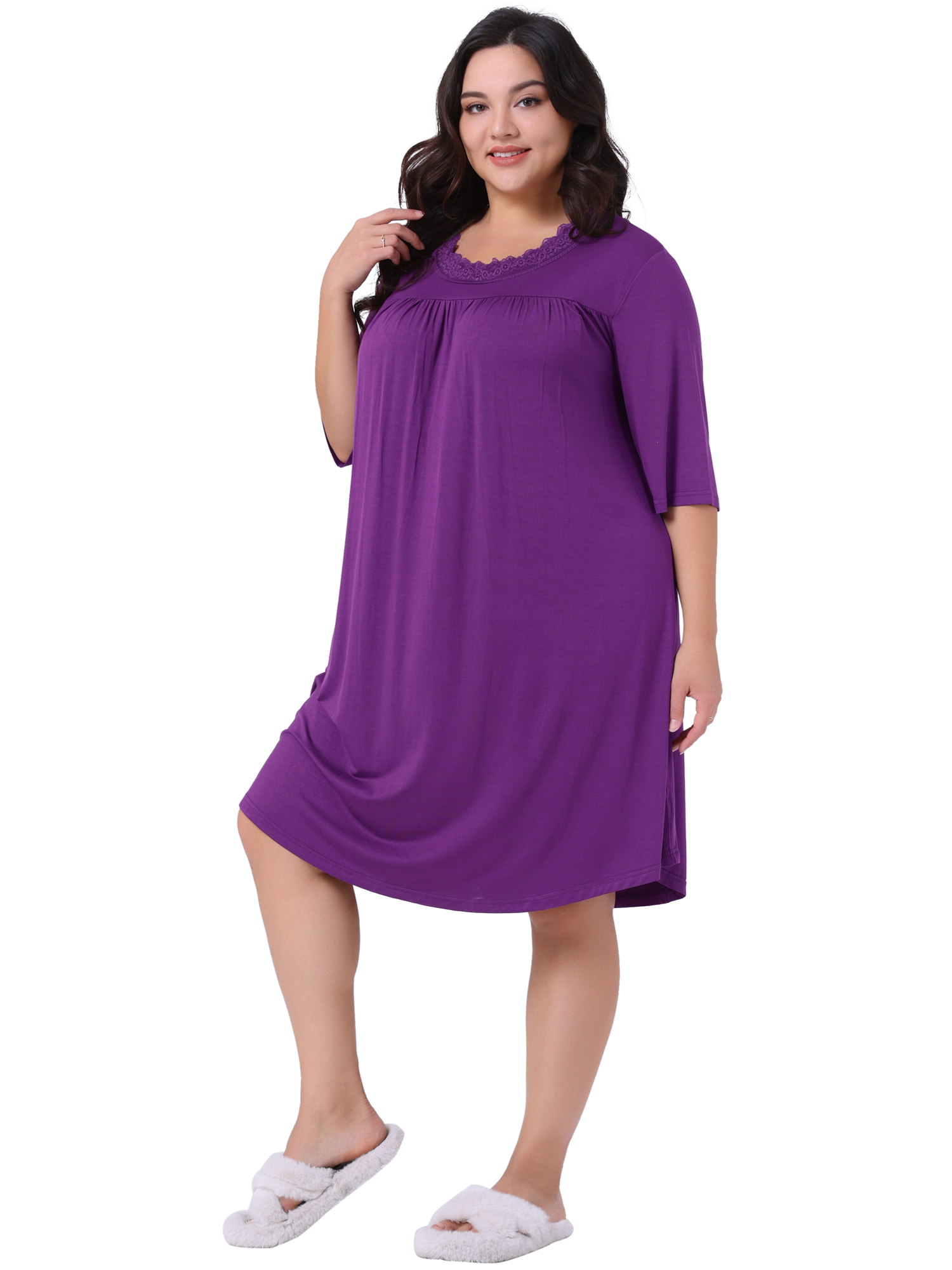 DARING DIVA Women's Plus Size 3/4 Sleeve Lace Crew Neck Comfy Nightgown 3X Purple