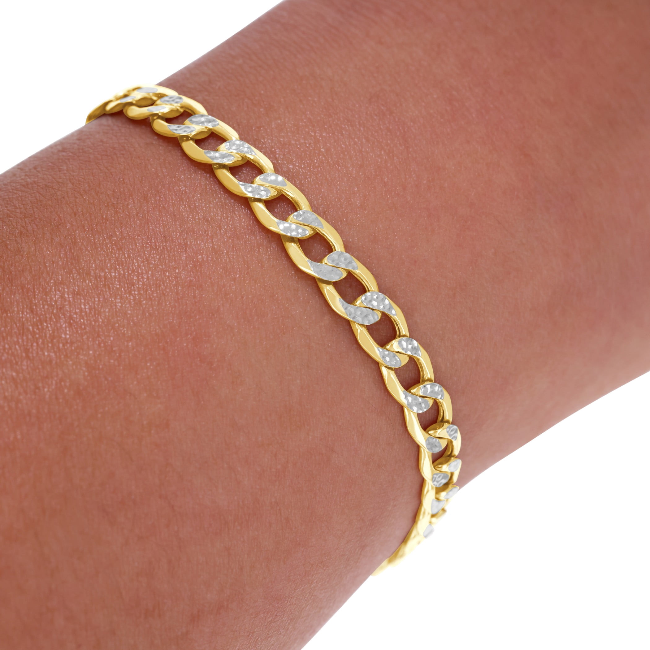 Nuragold 10k Real Yellow Gold Cuban Curb Link 5.5mm Diamond Cut Pave Chain Bracelet (7"-9") Two Tone Italian Jewelry for Men & Women