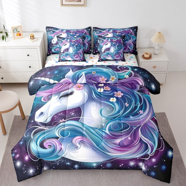 Erosebridal Ensembles de Literie Licorne Rêveur Taille Grand, Ensembles de Couette Faune Magique avec Draps, Décor Univers Mistique, Réversible 7 Pcs