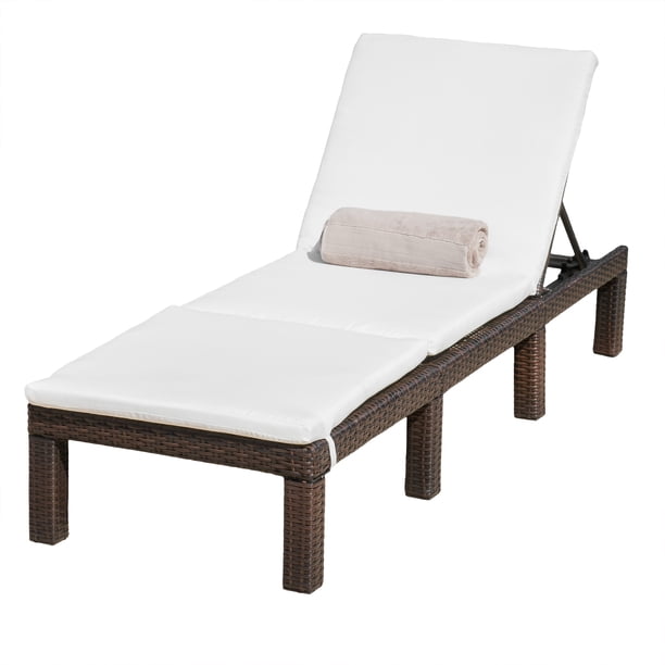 Outdoor Brown Wicker Chaise Lounge with Cushion