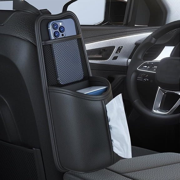 Car Tissue Holder, Leather Car Seat Storage Box, Multifunctional Kleenex Holder Car Seat Back Organizers with Mesh Net Pockets