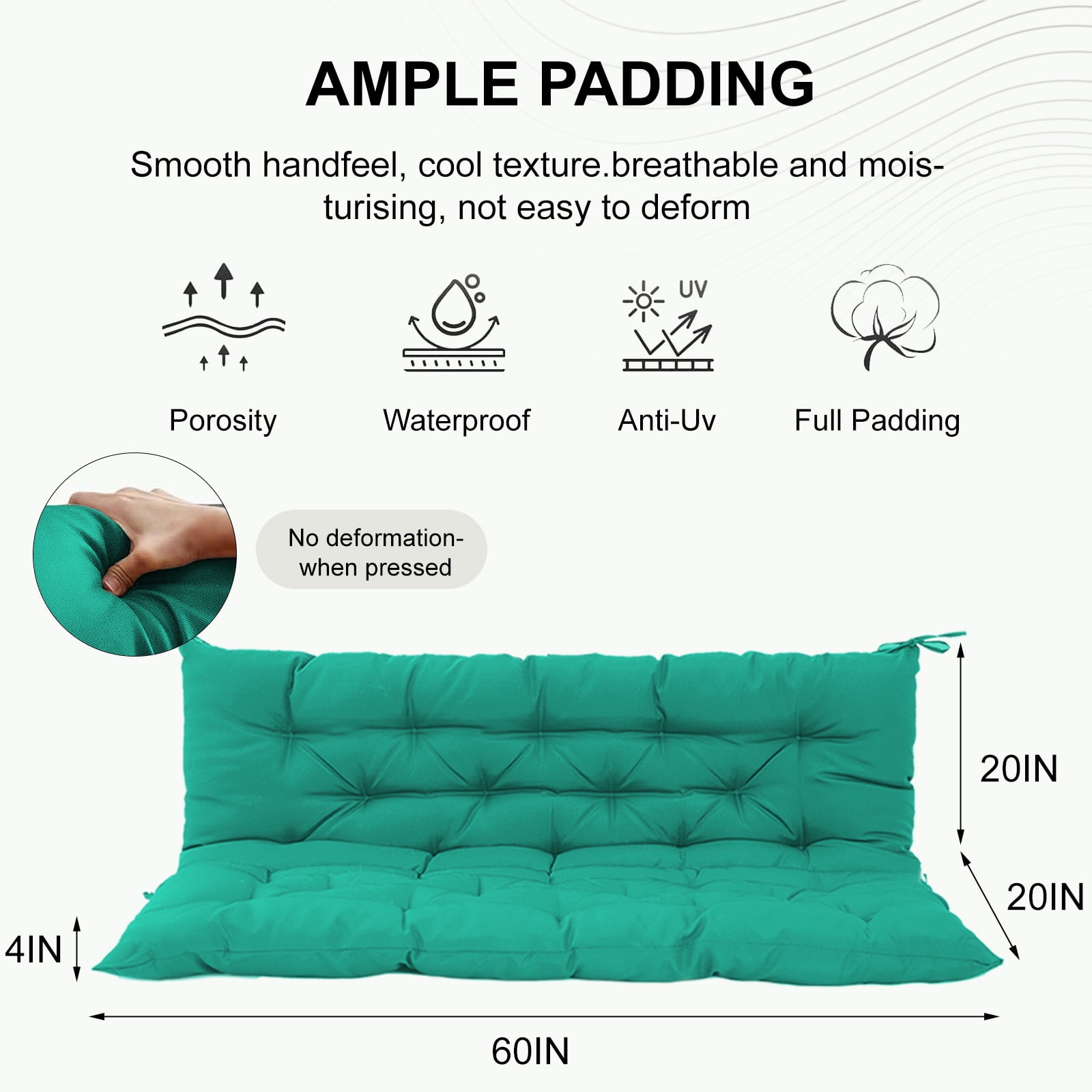 60in Outdoor Swing Cushions, Waterproof 4" Thick Porch Swing Cushion Replacement with Backrest and Ties, Comfortable 2-3 Seat Pation Swing Pad for Backyard, Garden, Lawn, Outdoor Furniture