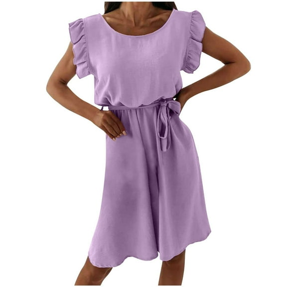 Summer Saving Wycnly Dresses for Women Casual Ruffle Sleeve Elastic Waist Swing Mini Dresses with Tie Round Neck Sleeveless Solid Summer Short Formal Dress Purple s
