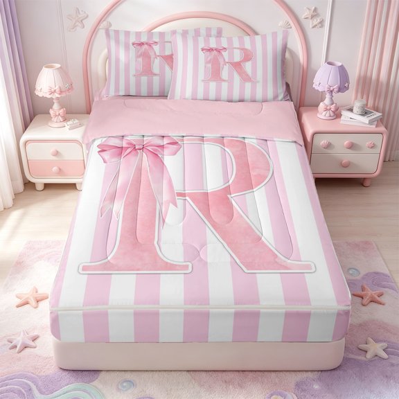 Manfei Pink Line Geometric Pattern Zipper Twin Comforter Sets with Fitted Sheet and 2 Pillowcases,Personalized Monogrammed R Zipper Bedding Set,Pink Reversible,4pcs