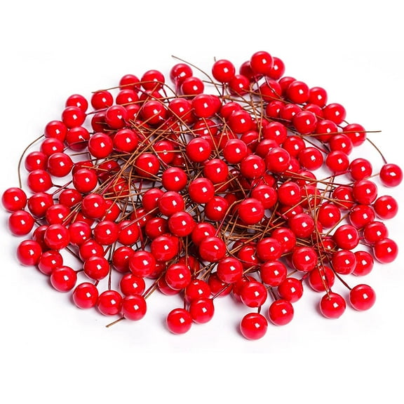 200pcs Artificial Holly Berries Mini 10 mm Christmas Fake Berries with Wire Stems, Artificial Berry Fake Berry Stems Picks for Christmas Tree Decorations Wreath Craft Wedding Party Decor