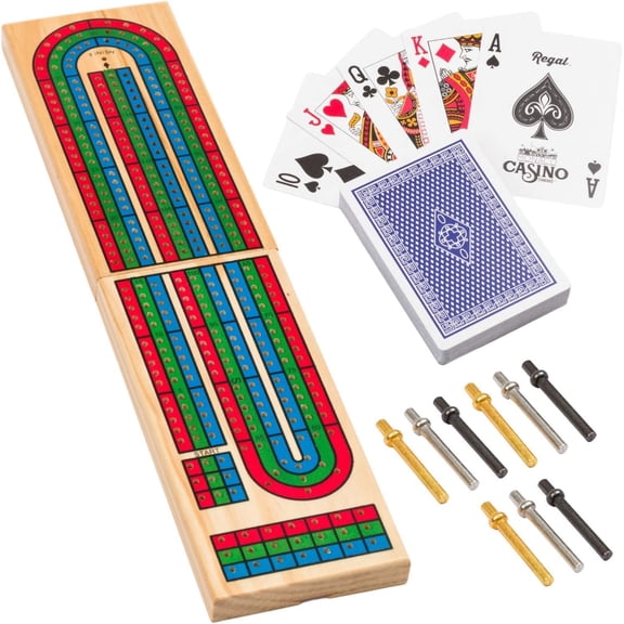 Regal Games Classic Cribbage Set, Wood Foldable Board, 9 Metal Pegs in Gold, Silver, and Charcoal
