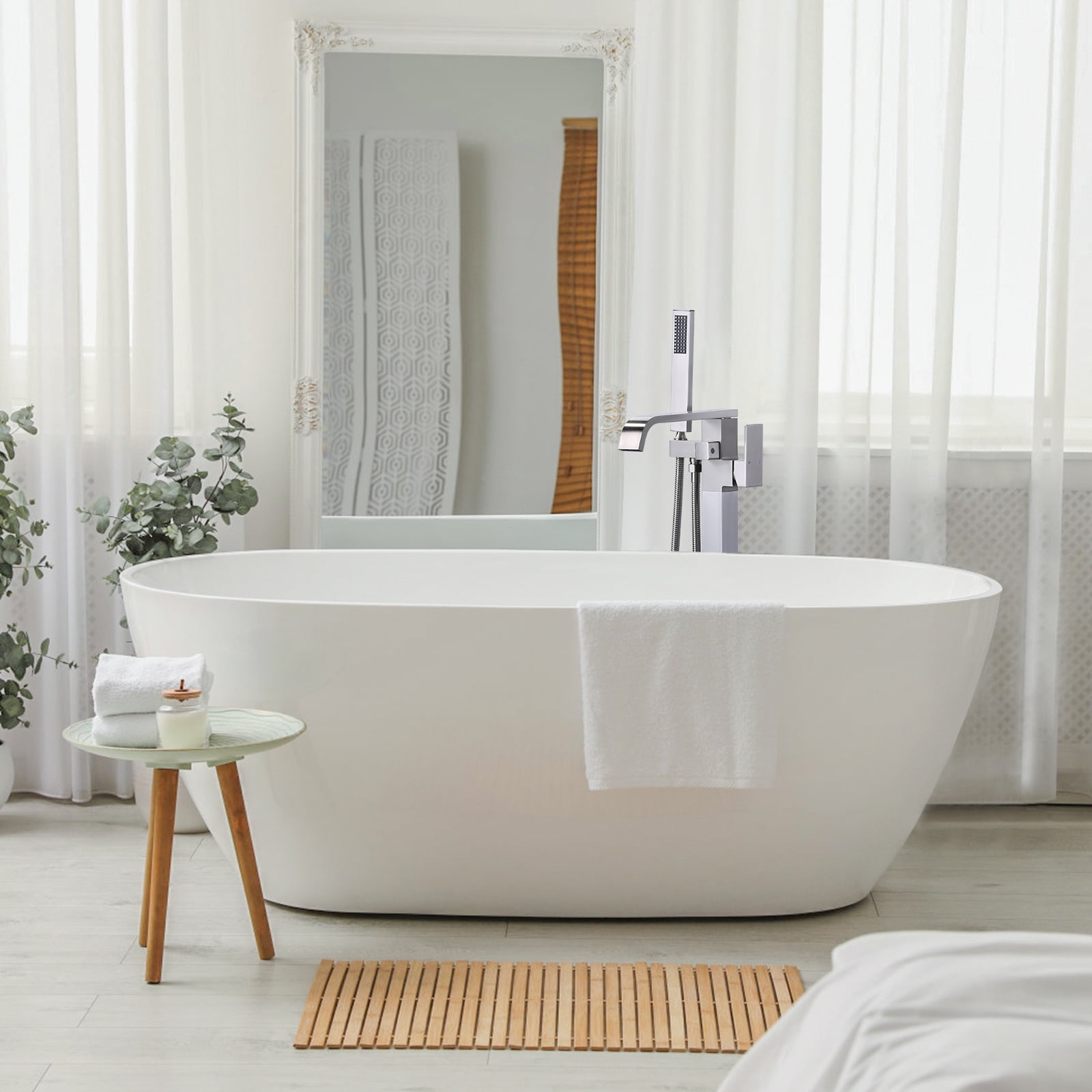 Wowow Brushed Nickel 1-handle Freestanding Waterfall Bathtub Faucet with Hand Shower (Valve Included)