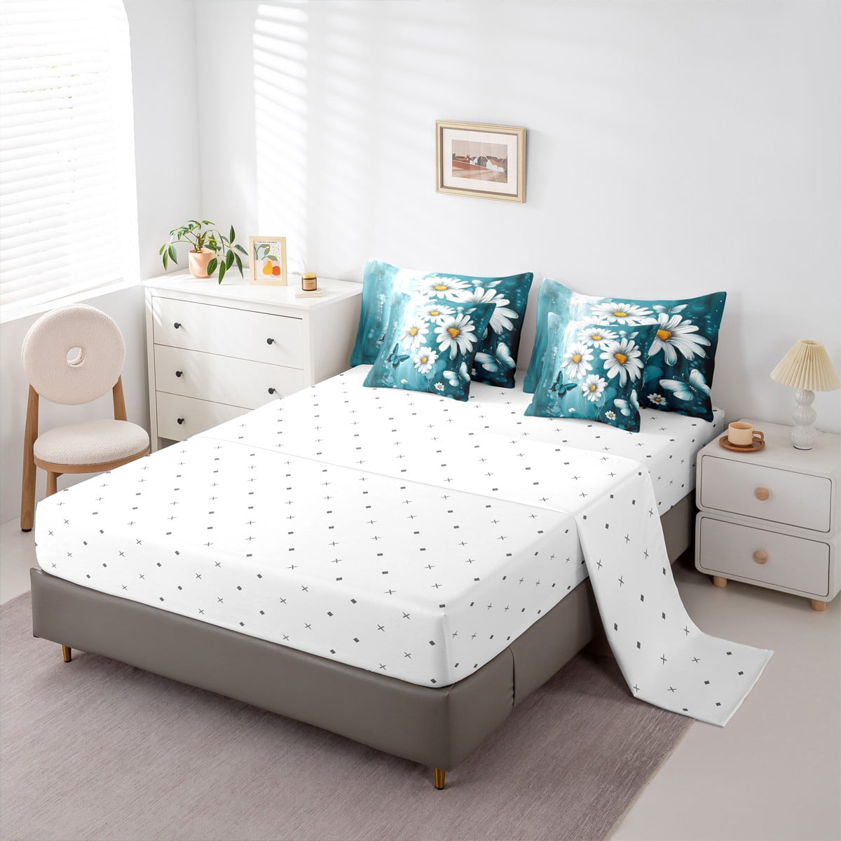 Homewish Blue Country Butterfly 7 Pieces Bedding Comforter Set,Oil Painting Daisy Full Bedding Set,Modern Aesthetic Artistic Fitted Sheet Flat Sheet For Kids,Ultra Soft Home Decor Reversible