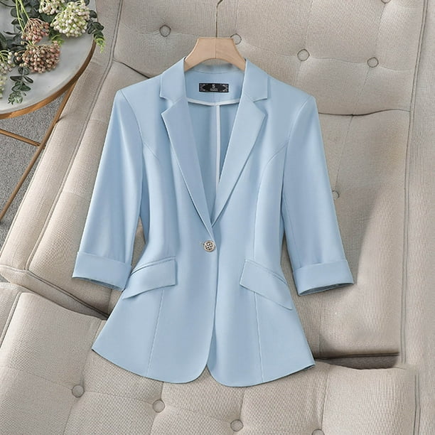 Blazer de mujer, moda informal, color liso, bolsillo, cuello vuelto, manga 3/4, blusa de dacrón