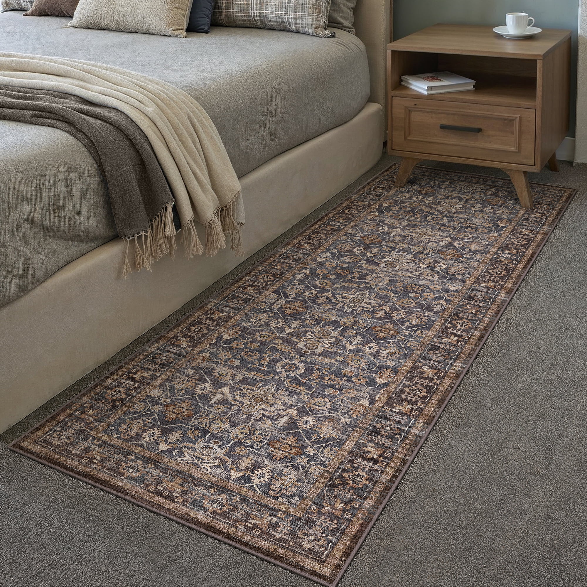 BERTHMEER 2'x6' Runner Rugs for Hallway Bathroom Bedroom Entryway Kitchen Vintage Non Slip Washable Blue and Brown Oriental Traditional Distressed Runner Rugs