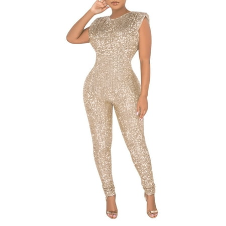 

Women s Autumn And Womter Fashion Casual Sequins Sleeveless Slim Jumpsuit (Excluding Belt) Rompers Dress for Women Gold XXL