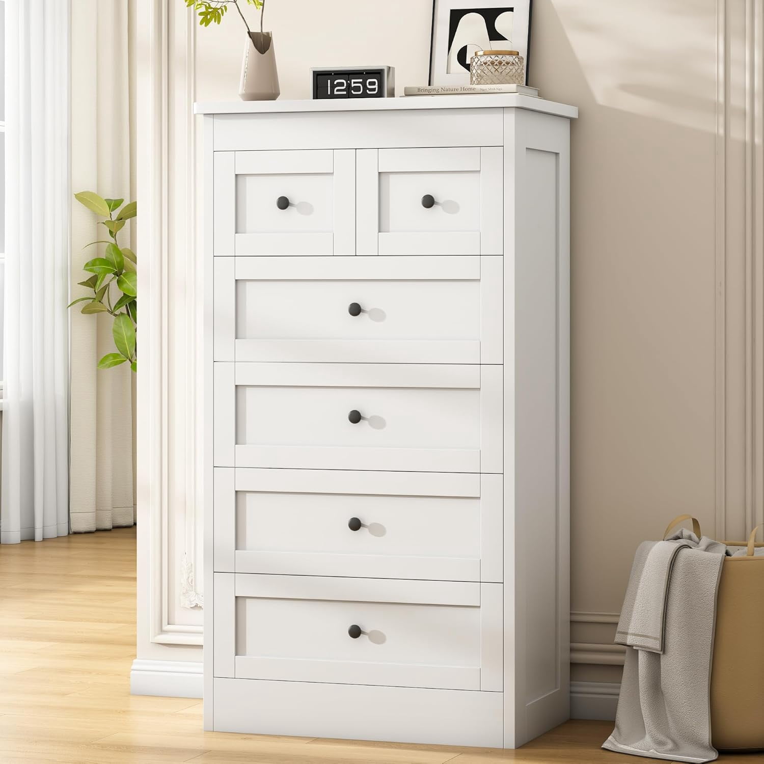Pipleo White Dresser Tall 6 Drawer Dresser for Bedroom, 43.3" Modern Farmhouse Wood Chest of Drawers, Storage Organizer with Smooth Metal Rails & Anti-Tip Kit for Hallway, Closet, Living Room