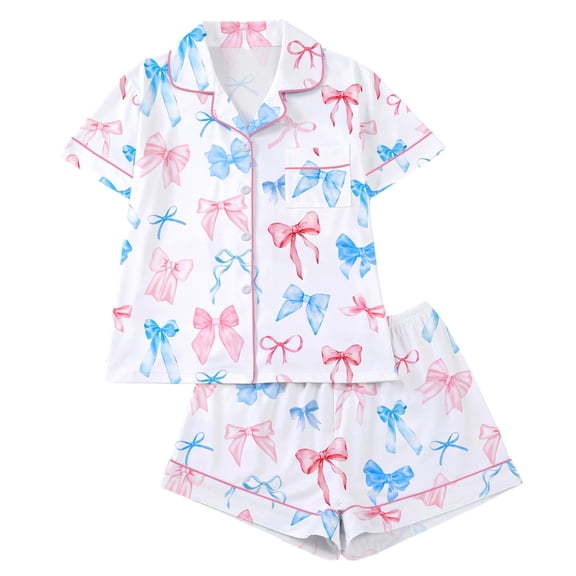 VONCOS Womens Short Sleeve Pajama Set 2 Piece Soft Breathable Summer Lounge Sleepwear with Shorts Bow Print Multicolor,Size L